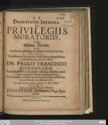 Dissertatio Iuridica De Privilegiis Moratoriis, Vulgo Eisernen Briefen