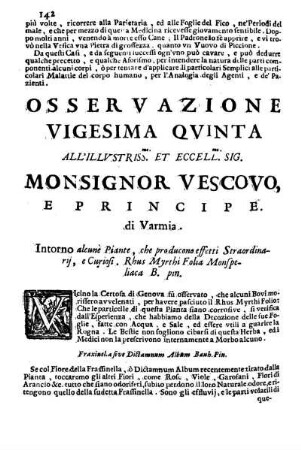 Osservazione Vigesima Quinta all'Illustriss. et Eccell. Sig. Monsignor Vescovo e Principe di Varmia ...