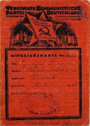 Mitgliedskarte der Vereinigten Kommunistischen Partei Deutschlands (VKPD)