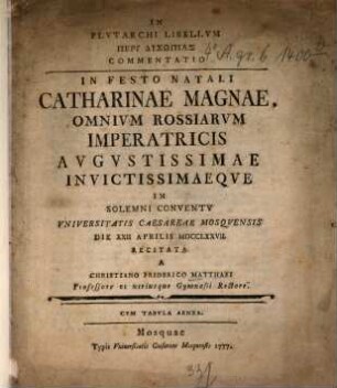 In Plutarchi libellum peri dysōpias commentatio : Cum tabula aenea