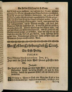 491-501, Am Fest der Erhöhung des H. Creutz. Die Erste Predig