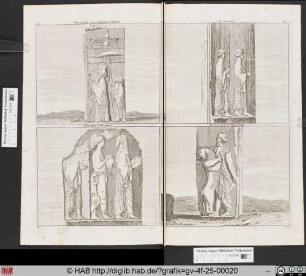 [oben links:] PILASTRE DE L'EDIFICE ELEVE [oben rechts:] PILASTRE. [unten links:] FIGURES D'HOMMES. [unten rechts:] PIECE D'UN PILASTRE.