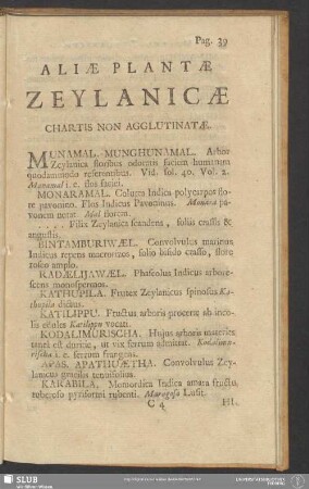 Aliae Plantae Zeylanicae Chartis Non Agglutinatae
