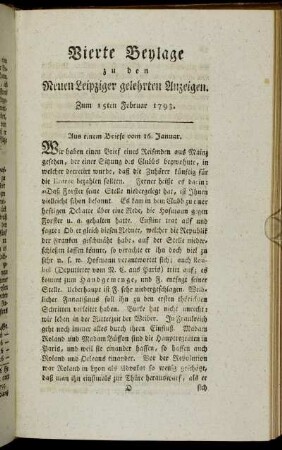Vierte Beylage zu den Neuen Leipziger gelehrten Anzeigen. Zum 15ten Februar 1793.