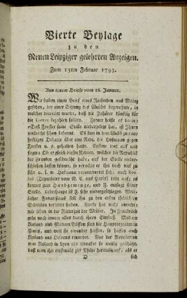 Vierte Beylage zu den Neuen Leipziger gelehrten Anzeigen. Zum 15ten Februar 1793.