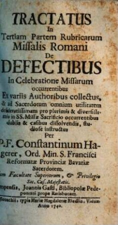 Tractatus In Tertiam Partem Rubricarum Missalis Romani De Defectibus In Celebratione Missarum occurrentibus