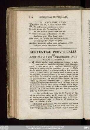 Sententiae Proverbiales Ad Acuendum Exercendumque Ingenium Iuvenile.