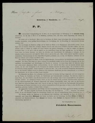 Rundschreiben des Verlags Friedrich Bassermann, weitergeleitet von G. G. Gervinus, 1847