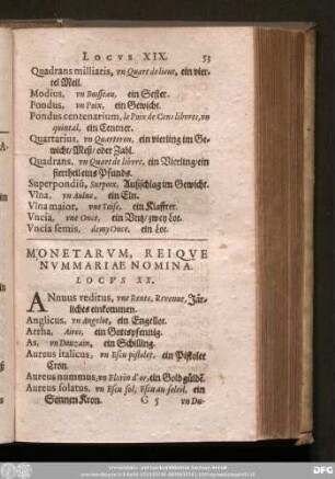 Monetarum, Reique Nummariae Nomina. Locus XX.