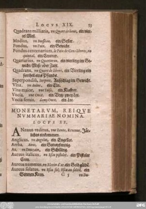 Monetarum, Reique Nummariae Nomina. Locus XX.