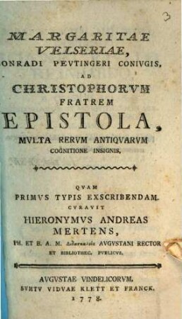 Ad Christophorum fratrem Epistola ... curante Hier. Andr. Mertens
