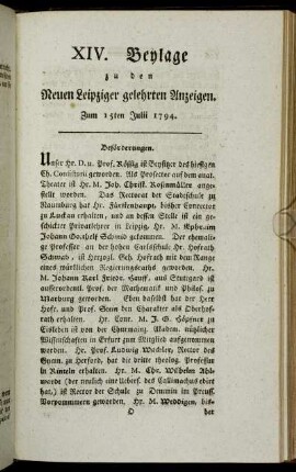 XIV. Beylage zu den Neuen Leipziger gelehrten Anzeigen. Zum 15ten Julii 1794.