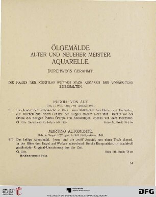 Ölgemälde alter und neuerer Meister, Aquarelle. Durchwegs gerahmt (Nr. 815 - 938)