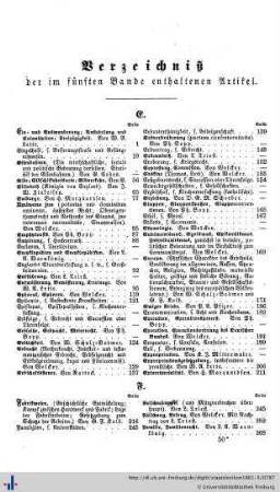 Verzeichniß der im fünften Bande enthaltenen Artikel.