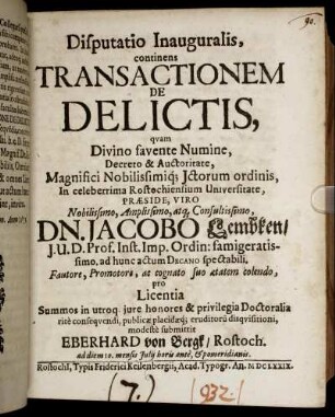 Disputatio Inauguralis, continens Transactionem De Delictis