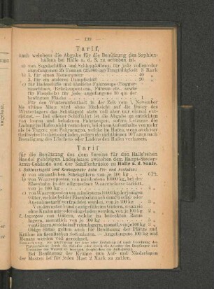 Tarif, nach welchem die Abgabe für die Benützung des Sophien-hafens bei Halle a. d. S. zu erheben ist.