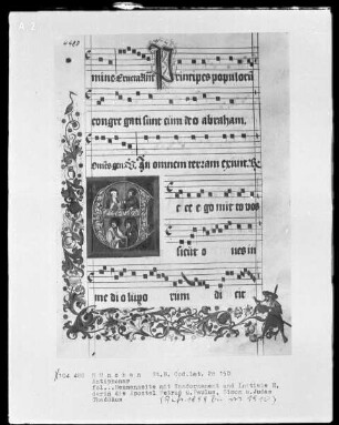 Antiphonarium — Buchseite mit einer Initiale und einer Miniatur in der Bordüre
