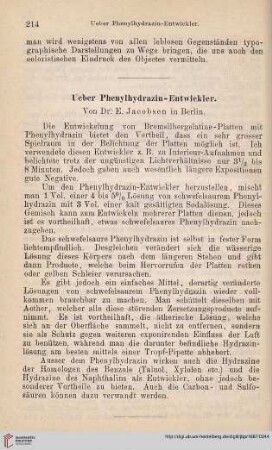 1: Ueber Phenylhydrazin-Entwickler