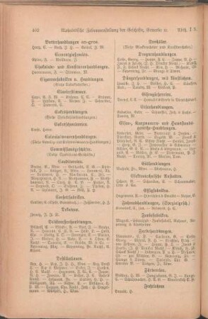Fahrradhandlungen, (Spezialgesch.) Farbefabriken. Farbehandlungen. Färbereien. Fechtlehrer. [Feilenhauer. Fellenhändler. Fettwaaren-Handlungen. Fisch-Exportgeschäfte. Fisch-Handlungen. Flaschenbiergeschäfte. Formstecher. Fortepianofabriken u. Handlungen. Fouragehändler. Fournierhandlungen. Fraiseanstalt. Friseure. Friseurinnen. Fuhrleute.]