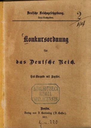 Konkursordnung für das Deutsche Reich : Textausgabe mit Register