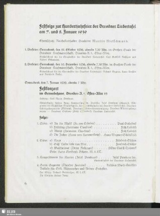 Festfolge zur Hundertjahrfeier der Dresdner Liedertafel am 7. und 8. Januar 1939