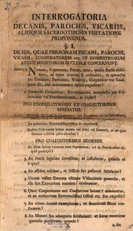 Interrogatoria decanis, parochis, vicariis aliisque sacerdotibus in visitatione proponenda