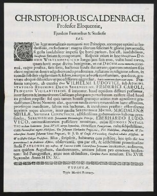 Christophorus Caldenbach, Professor Eloquentiae, Ejusdem Fautoribus & Studiosis Sal.