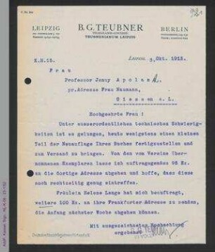 Brief des B.G. Teubner Verlags an Jenny Apolant