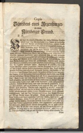 Copia Schreiben eines Regenspurger - an einem Nürnberger Freund.