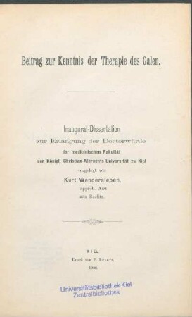 Beitrag zur Kenntnis der Therapie des Galen