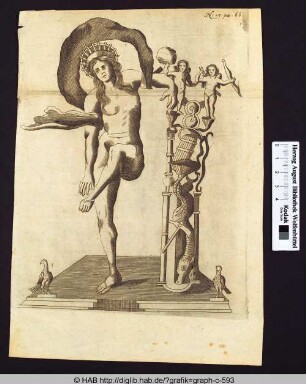 Frauenfigur (vermutlich Fortuna) mit verschiedenen Begleitgegenständen.