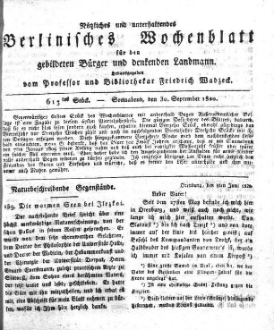 613tes Stueck, Sonnabend, den 30. September 1820