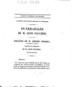 Funérailles de M. Léon Faucher : discours de M. Amédée Thierry ... le 19 décembre 1854