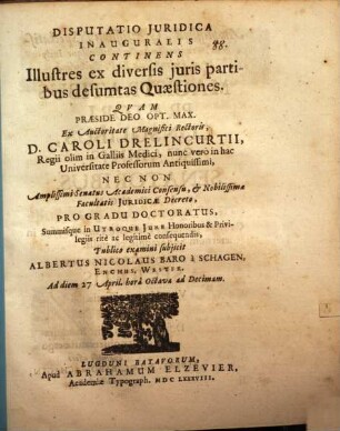 Disp. iur. inaug. continens illustres ex diversis iuris partibus desumtas quaestiones