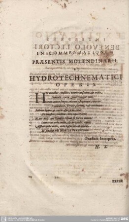 IN COMMENDATIONEM PRAESENTIS MOLENDINARII, ET HYDROTECHNEMATICI OPERIS.