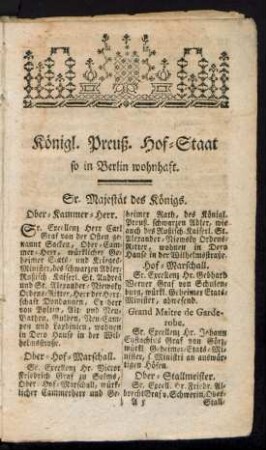 Königl. Preuß. Hof-Staat so in Berlin wohnhaft
