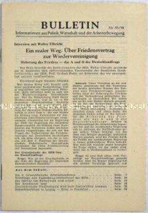Illegales Informationsblatt der KPD "Bulletin" u.a. mit einem Interview des stellvertretenden Vorsitzenden des Staatlichen Rundfunkkomitees der DDR, Gerhart Eisler, mit Walter Ulbricht zur deutschen Frage