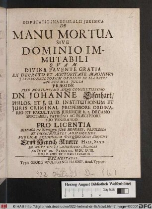 Disputatio Inauguralis Iuridica De Manu Mortua Sive Dominio Immutabili