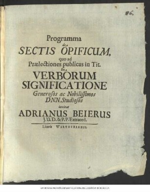 Programma de Sectis Opificum, quo ad Praelectiones publicas in Tit. De Verborum Significatione Generosos ac Nobilissimos DNN. Studiosos