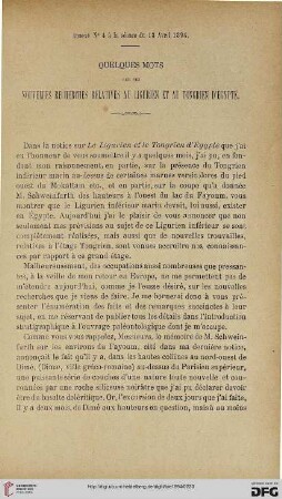 3.Ser. 5.1894: Quelques mots sur ses nouvelles recherches relatives au ligurien et au tongrien d'Égypte
