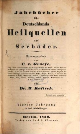 Jahrbücher für Deutschlands Heilquellen und Seebäder. 4. 1839