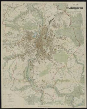 Plan von Chemnitz, 1: 10 000, Lithographie, 1914 : Plan von Chemnitz / bearb. v. Stadtbauamt. - 17. Aufl. - 1:10 000. - Leipzig : Giesecke u. Devrient, 1914. - 1 Kt. : mehrfarb. Lithogr. ; 87 x 109 cm. - Mit Straßenverz. und Gebäudekennung
