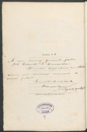 [Dedicatoria manuscrita] A mi muy querido padre Dr. D. Vicente G. Quesada