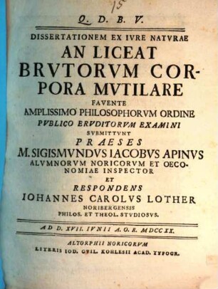 Dissertationem ex iure naturae An liceat brutorum corpora mutilare