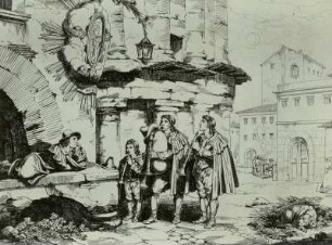 I Pifferari presso il teatro di Marcello : Pinelli, Bartolomeo: I Pifferari presso il teatro di Marcello. 1830. Radierung; 32 x 42 cm. Dresden: Privatbesitz