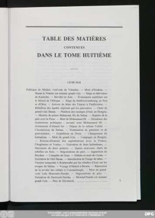 Table Des Matières Contenues Dans Le Tome Huitième