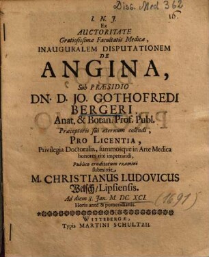 Ex Auctoritate Gratiosissimae Facultatis Medicae, Inauguralem Disputationem De Angina ...