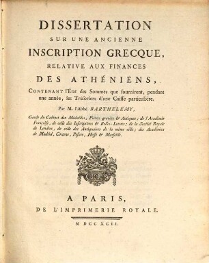 Dissertation sur une ancienne Inscription Grecque relative aux finances des Athénièns