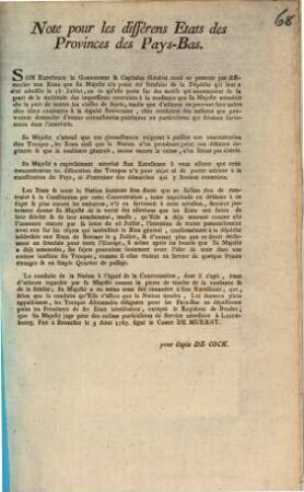 Note pour les différens Etats des Provinces des Pays-Bas