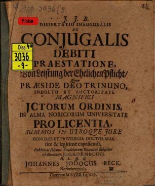 Dissertatio Inauguralis De Conjugalis Debiti Praestatione : = Von Leistung der Ehelichen Pflicht